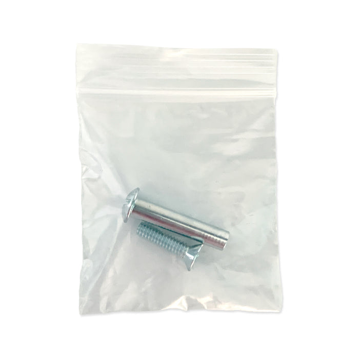 Stainless steel barrel bolt pictured in small clear baggie on white background.